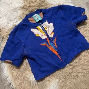 Blue Zip-Front Floral Knit Top